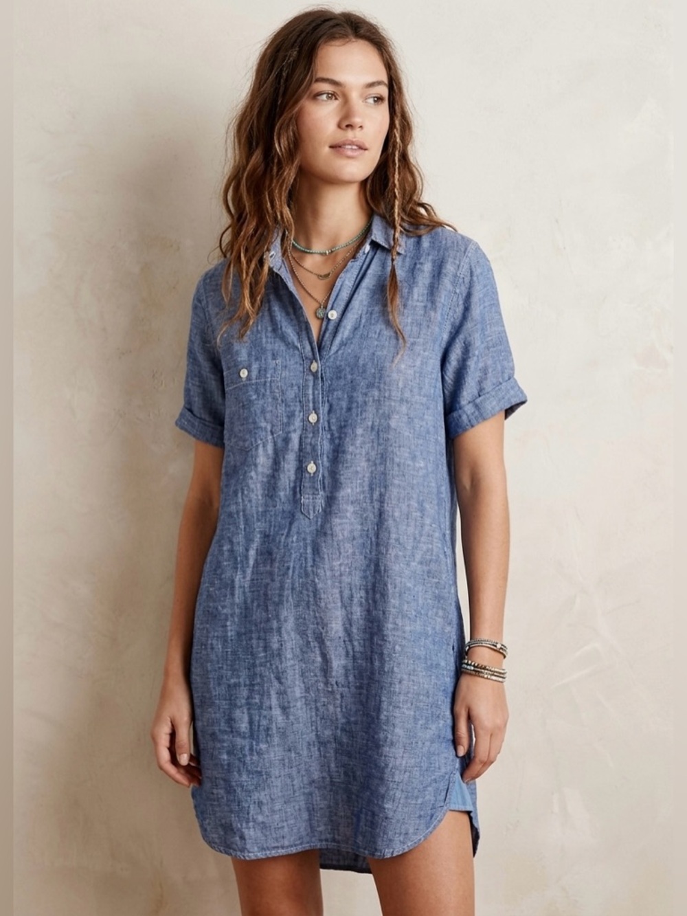 Free People x CP Shades Chambray Blue Linen Short Sleeve Dress Size XS